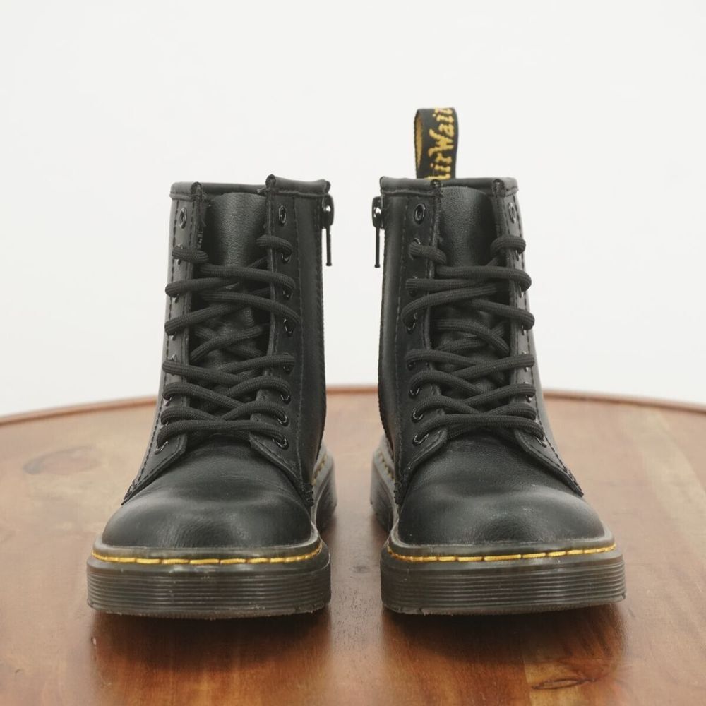 Dr. Martens Kids Black Leather Lace-Up Boots with Yellow Stitching - Picture 3 of 9